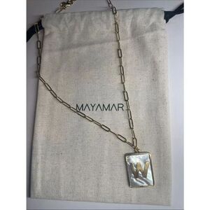 Gold W Rectangle Pendant Paperclip Necklace with Mother-of-Pearl by Mayamar